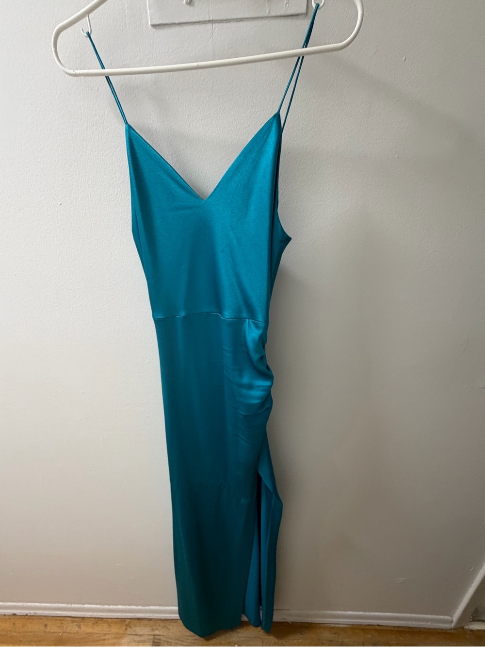 Satin Teal Slip Dress with Side Ruched Slit - Picture 2 of 5